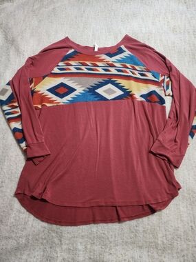 Celeste Aztec Geometric Southwest Long Sleeve Tee Boho Mauve